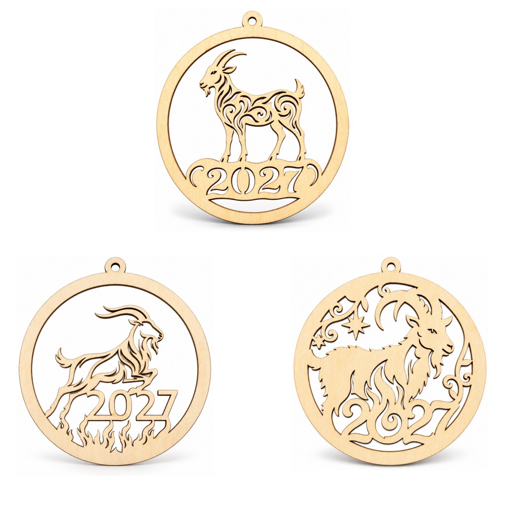 mediniai kalėdiniai žaisliukai 2027 Ožkos metai 8 mediniai kalėdiniai žaisliukai 2027 Ožkos metai